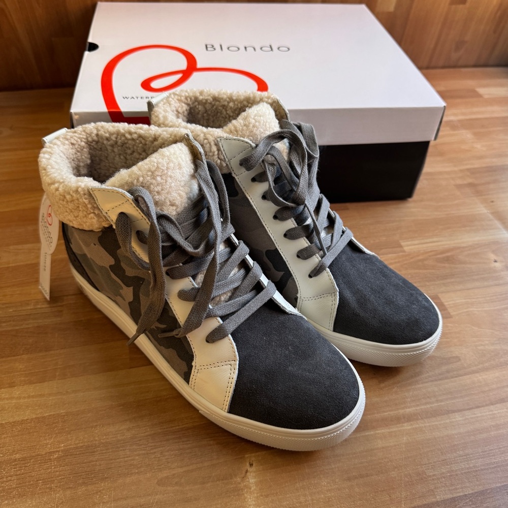 Blondo Gulia Waterproof High Top Sneakers, gray camo leather, size 8.5, NWT